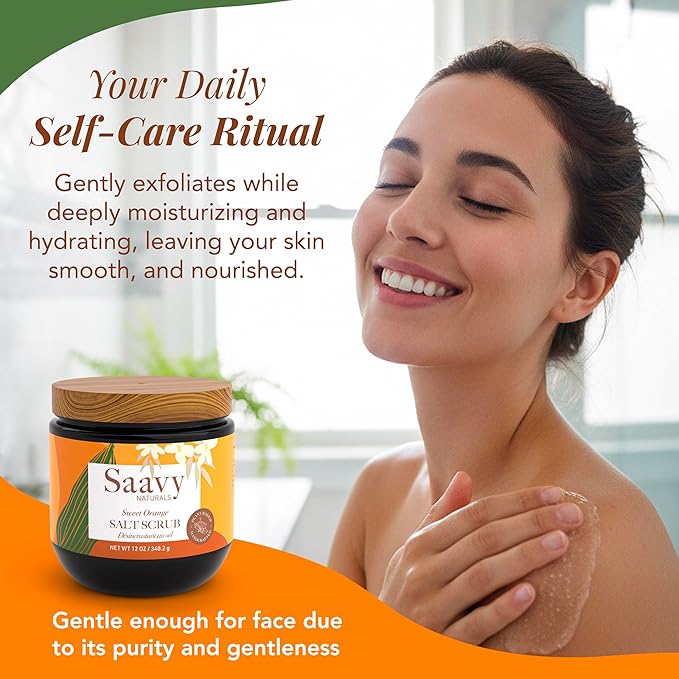 Saavy Naturals Body Scrub - Scented Salt Orange Extract, Natural Body Scrub & Vegan Exfoliating with Vitamin E, Gentle for Sensitive Skin – Made in USA – Sweet Orange (1 Pack) - 12 oz