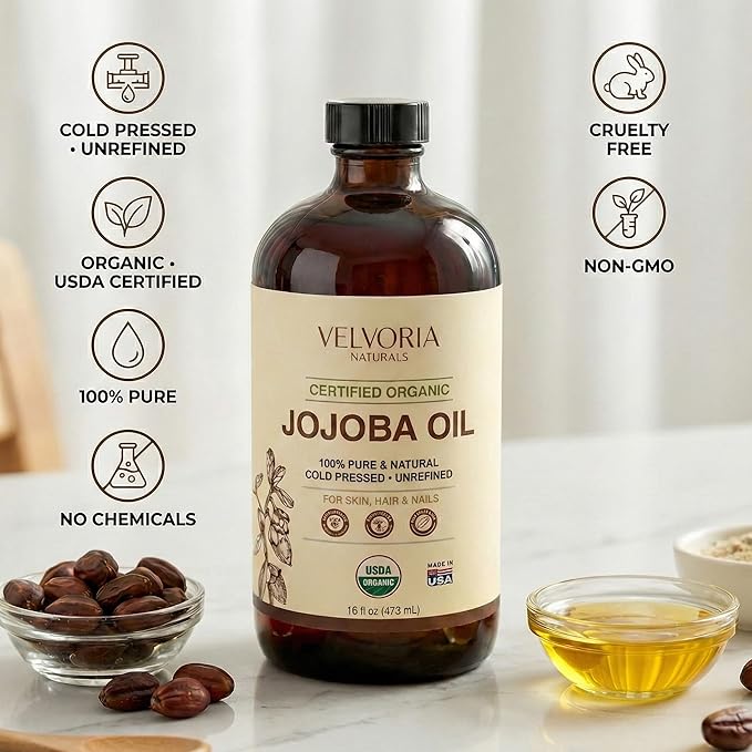 Organic Jojoba Oil - 100% Pure, Cold Pressed, Unrefined Non-GMO for Skin, Hair & Nails 16oz - Glass bottle with pump