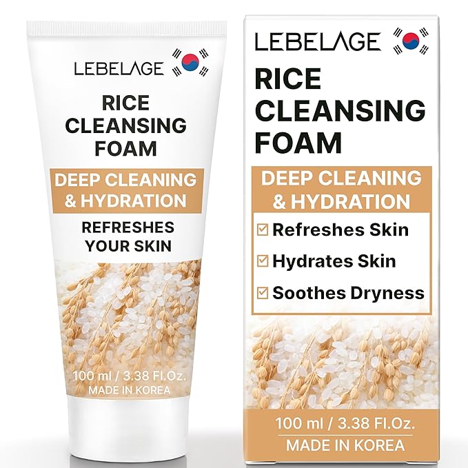 LEBELAGE Korean Rice Facial Cleanser 3.38 oz | Cleansing Foam Face Wash | Low pH Gentle Hydrating Daily Facial Cleanser Sensitive Skin | Deep Cleansing Foaming Cleanser, Pore Care-All Skin Types