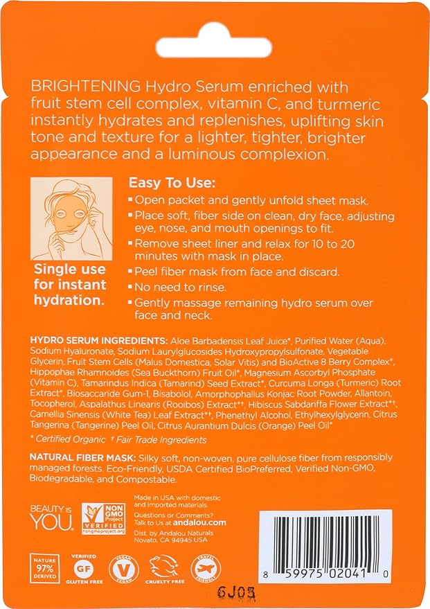 Andalou Naturals Instant Brighten & Tighten Hydro Serum Facial Mask, 0.6 Fluid Ounce