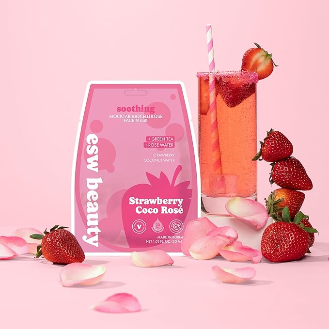 ESW Beauty Strawberry Coco Rosé Soothing Face Mask - Hydrating, Calming, Vegan Face Mask with Coconut Water, Green Tea, & Strawberry Extract for Sensitive Skin