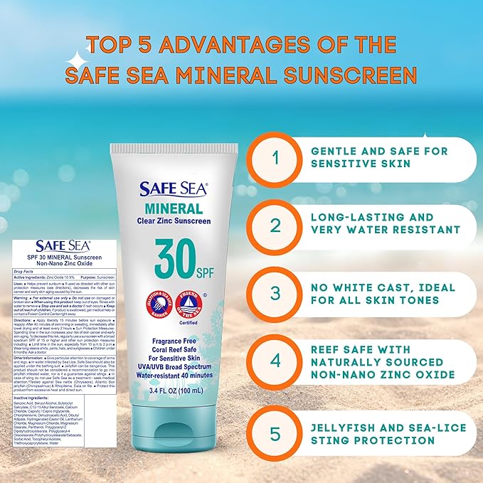 Safe Sea Zinc Oxide Sunscreen SPF30 | Clear Mineral Face And Body Reef Safe Sunscreen Without White Cast | Anti-Jellyfish Sting Protective Lotion | 3.4Oz (100ml) (3 Pack)