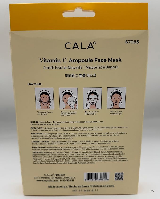 Cala Vitamin C Ampoule Face Mask, Hydrating Sheet Mask for Dry Skin, 5 Count