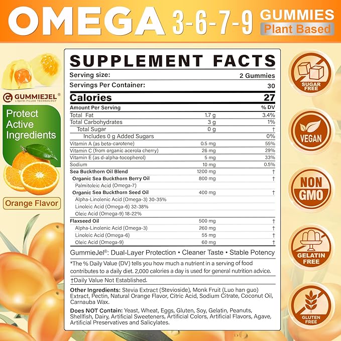Omega 3-6-7-9 Gummies, Organic Sea Buckthorn Oil 1200MG & Flaxseed Oil 500MG, Vegan Omega 7 Supplement w/Vitamin A, C, E, Fatty Acids, No Fish Taste, Supports Skin, Eye, Immune, Brain Health, 60 Cts