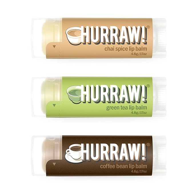 Hurraw! Chai Spice, Green Tea, Coffee Bean Lip Balms, 3 Pack Bundle: Organic, Certified Vegan, Cruelty and Gluten Free. Non-GMO, 100% Natural Ingredients. Bee, Shea, Soy and Palm Free. Made in USA