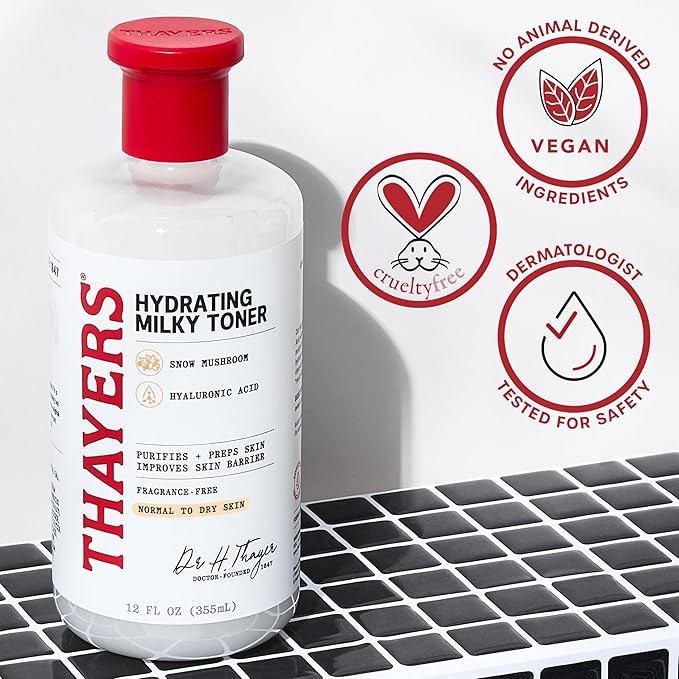 THAYERS Milky Hydrating Face Toner with Snow Mushroom Tremella, Hyaluronic Acid and Elderflower, Dermatologist Recommended Gentle Alcohol Free Skincare for Dry & Sensitive Skin, Paraben Free, 3 Fl Oz