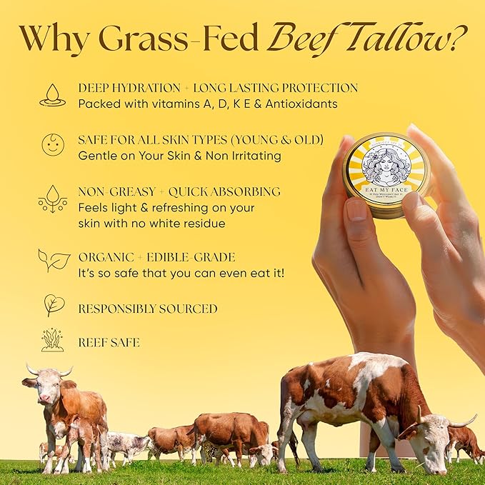 Eat My Face BEEF TALLOW Reef Safe Sunscreen SPF 30 – Non Nano Zinc Oxide – Water Resistant, Organic – Moisturizing Sunblock for Face & Sensitive Skin – 4oz Tin "If You Wouldn't Eat It, Don't Wear It!"
