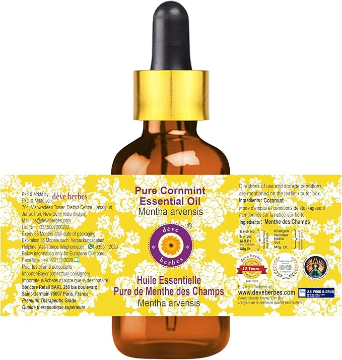 Deve Herbes Pure Cornmint Essential Oil (Mentha arvensis) with Glass Dropper Steam Distilled 5ml (0.16 oz)