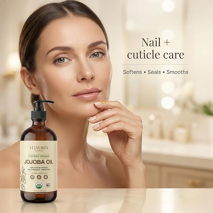 Organic Jojoba Oil - 100% Pure, Cold Pressed, Unrefined Non-GMO for Skin, Hair & Nails 16oz - Glass bottle with pump