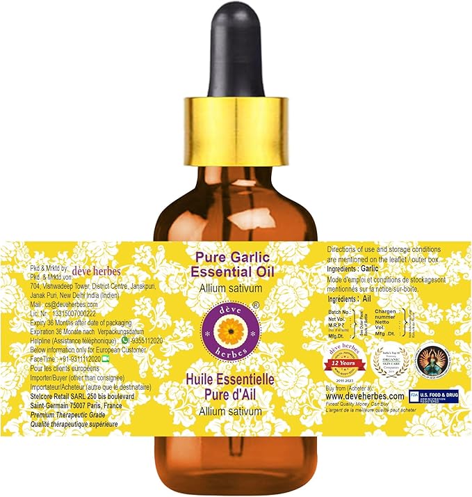 Deve Herbes Pure Garlic Essential Oil (Allium sativum) with Glass Dropper Steam Distilled (Pack of Three) 100ml X 3 (10 oz)
