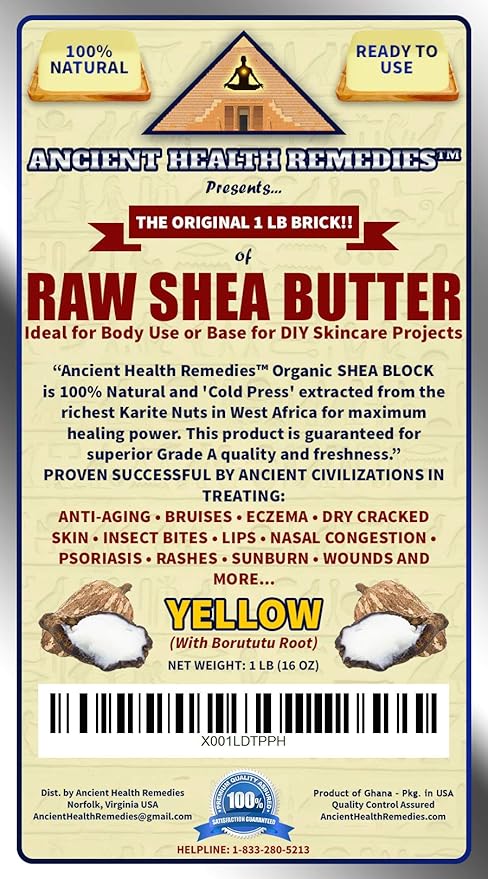 Ancient Health Remedies Organic Unrefined Raw AFRICAN YELLOW SHEA BUTTER 1 LB (16 oz) BLOCK Grade A for Anti Aging, Dry Skin, Base for DIY Body Butter, Beauty, Skin Moisturizer & Hand Cream (GHANA)
