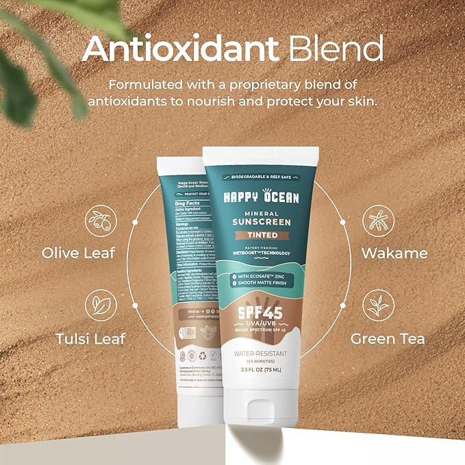 Happy Ocean Tinted Mineral Sunscreen SPF 45 – Reef Safe Zinc Oxide Face Sunscreen with Natural Tint, Water Resistant, Travel Size 2.5 oz
