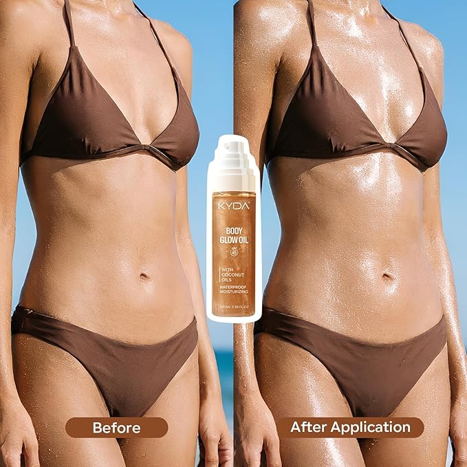 KYDA Travel Size Sunscreen,SPF 45 Sunscreen Spf Body Oil with Gold Mica, Sun-kissed Glow Skin Illuminator, Moisturizing Coconuts Summer Sunscreen, Water Resistant, 3.38 fl oz, AMBER