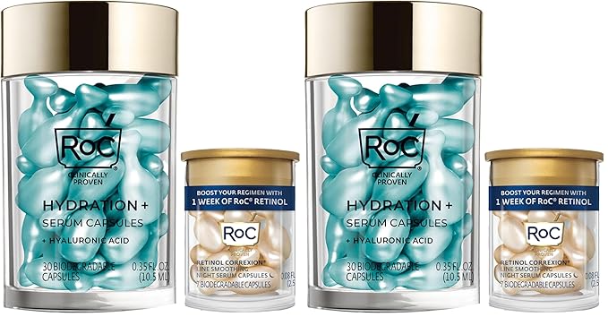 RoC Multi Correxion Hyaluronic Acid Night Serum Capsules (30 CT) for Intense Hydration + RoC Retinol Capsules (7 CT), Anti-Aging Skin Care Wrinkle Treatment for Women and Men, (Pack of 2)