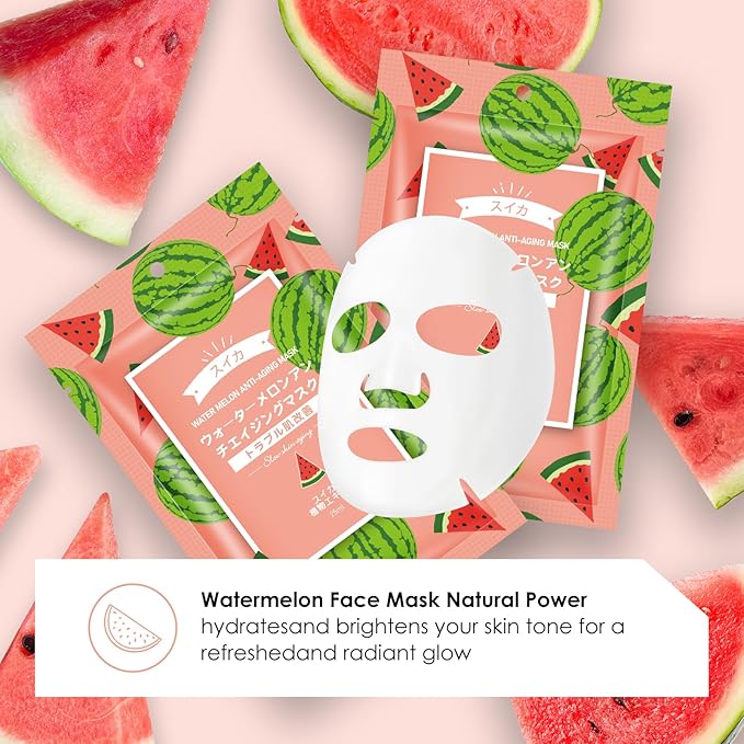 Hydrating Facial Masks Skincare for Women,Watermelon Face Mask Sheet Skincare,Moisturizing Face Mask for All Skin Types (10-Packs)