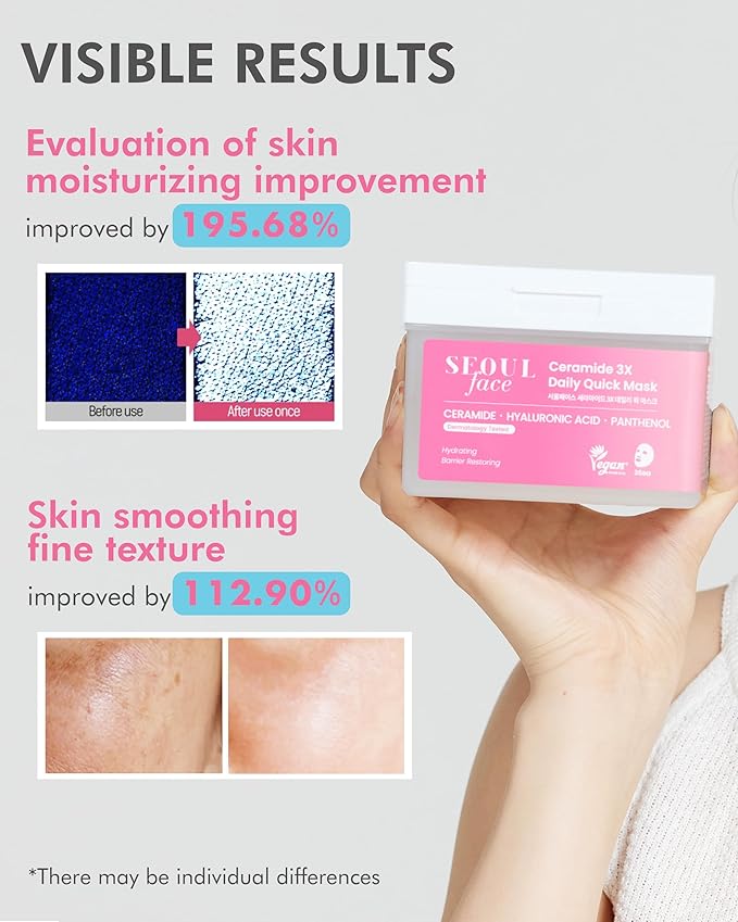DERMAL Seoul Face Ceramide 5-Min Quick Sheet Mask 36 Count Bulk, Korean Morning Hydrating Pull-Out Dispenser with Tweezers, Skin Barrier Support Face Mask for Makeup Prep, Panthenol Vegan Tencel