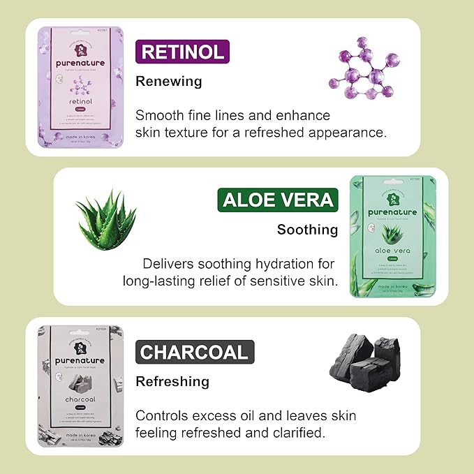 PB&Jay Purenature Hydrate and Calm Facial Mask - 12 Pack Acai Berry,Vita c,retinol and more, Made in Korea, Face Mask Skincare for Hydration, Skincare Face Mask, Moisturizing Mask for Sensitive Skin
