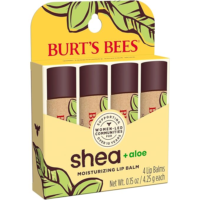 Burt's Bees Shea and Aloe Moisturizing Lip Balm, Lip Moisturizer With Responsibly Sourced Beeswax, Tint-Free, Natural Origin Conditioning Treatment, 4 Tubes, 0.15 oz.