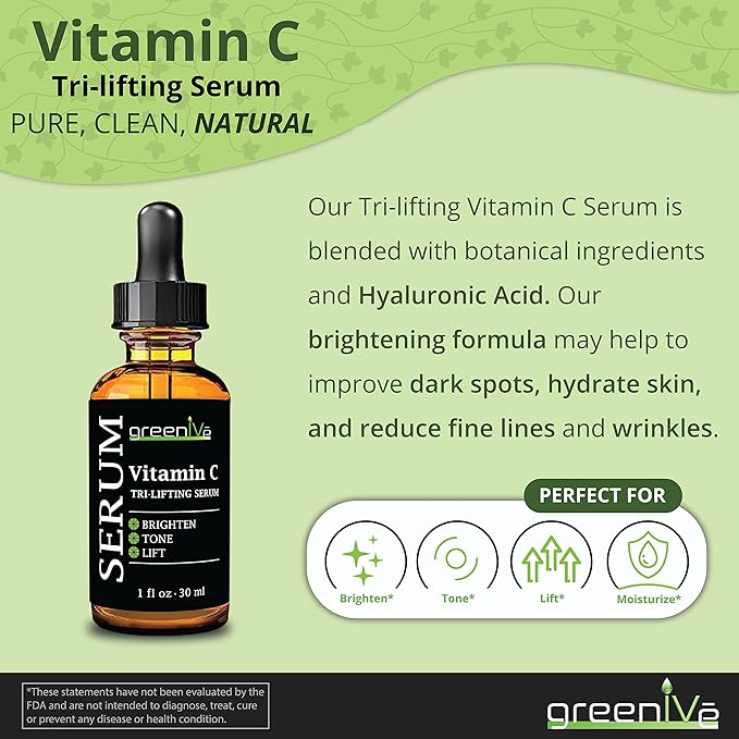 GreenIVe Vitamin C Serum for Face with Hyaluronic Acid & Vegetable Collagen - Tri-Lifting Hydrating Facial Serum - Brightening Skin Care for Glowing Complexion - Vegan & Cruelty Free - 1 fl oz