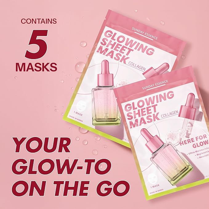 Collagen Face Mask For Glass Skin – Hydrating & Firming Sheet Mask For Dry & Tired Skin – Dermatologist Tested, Anti-Aging, Korean Skin Care– 95% Natural, Vegan, Clean Beauty – 5 Sheets