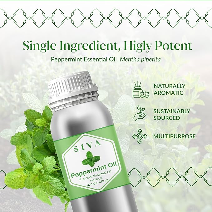 Siva Peppermint Essential Oil - 16 Fl Oz – 100% Natural Peppermint Oil - for Diffuser, Face, Skin Care, Aromatherapy, Hair Care, Scalp and Body Massage