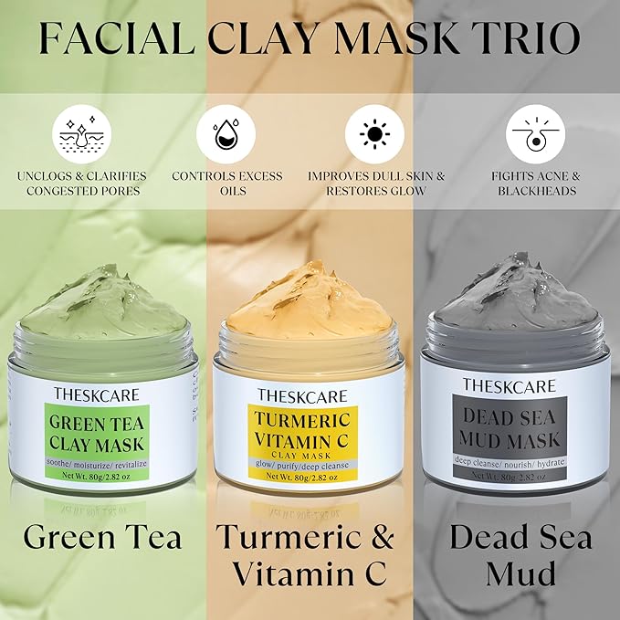 THESKCARE 3 PCS Clay Mask Set, Turmeric Vitamin C Clay Mask, Dead Sea Mud Mask, Green Tea Mask, Facial Mask for Oil Control, Deep Cleaning, and Radiant Skin, 240g, 2.82 OZ each