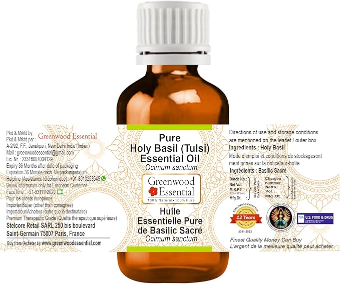 Greenwood Essential Pure Holy Basil Essential Oil (Ocimum Sanctum) Steam Distilled 100ml (3.38 oz)