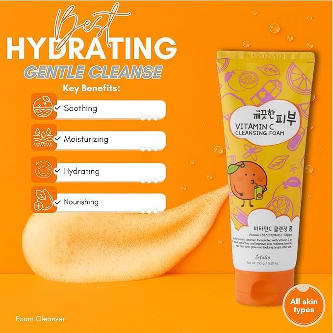 esfolio Vitamin C Cleansing Foam – Improving Face Wash for Glowing Skin, Deep Pore Cleanser with Antioxidants, Hydrating & Refreshing, Gentle Daily Skincare (5.29oz -150g)