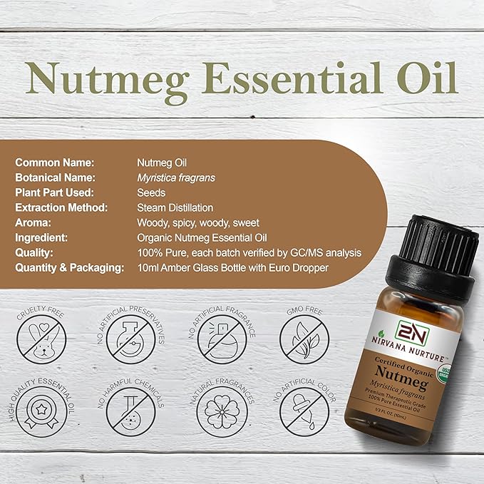 Nutmeg Essential Oil, USDA Certified Organic, 100% Pure Undiluted, Aromatherapy Oil for Diffuser, Hair & Skin Care