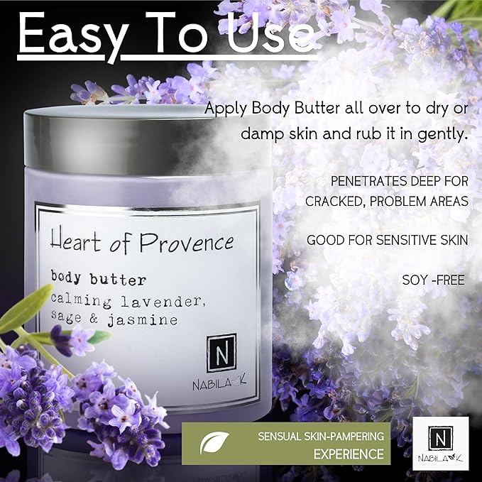 Nabila K Body Butter - Daily Moisturizer for Body Care - Skin Hydrating Deep Moisturizing - Natural Ingredients - Heart of Provence - 9 oz
