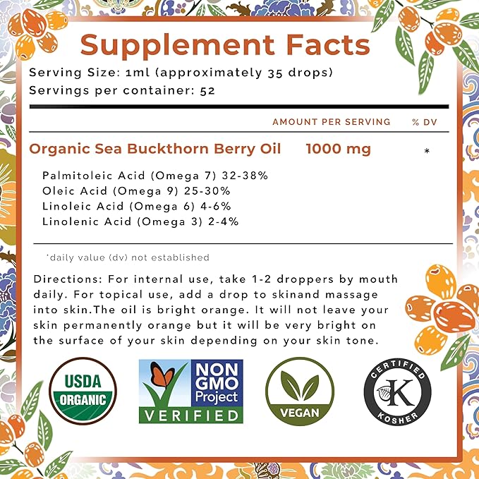 SeabuckWonders Organic Sea Buckthorn Berry Oil, 1.76 Fl Oz, 52 Servings, with Omega 3,6,7,9, Used Topically & Orally, Supports Hair, Skin & Nail Health