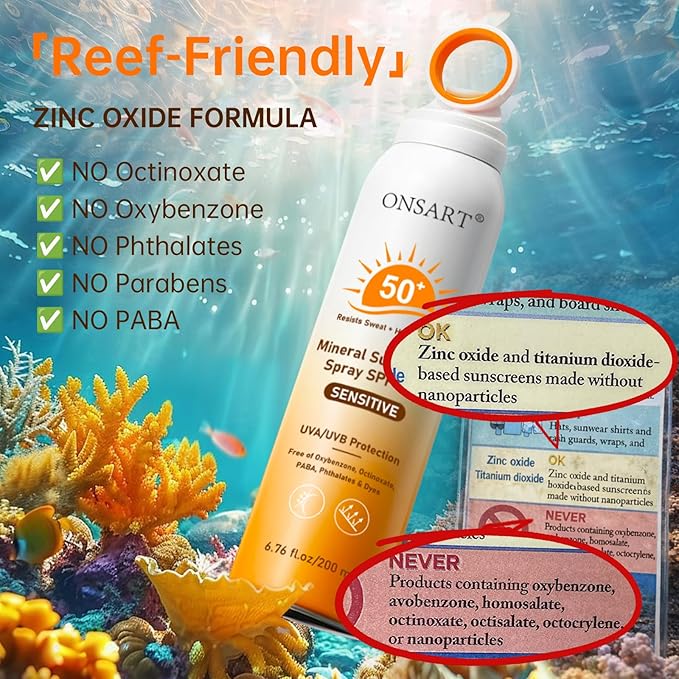 Mineral Sunscreen Spray SPF 50+ with Zinc Oxide, Reef Safe, Broad Spectrum UVA/UVB Protection for Face & Body, Water Resistant 80 Min, Non-Greasy 360° Ring Spray, 6.76 fl oz