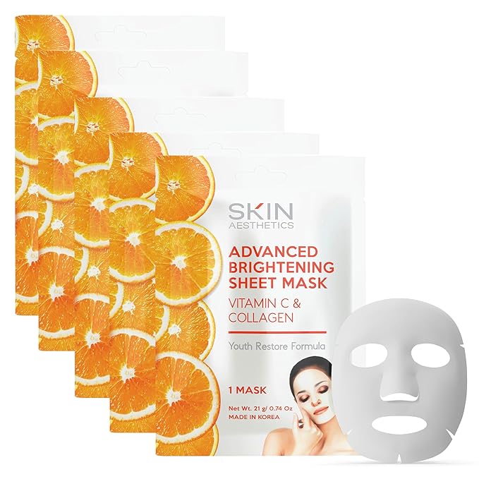 Skin Aesthetics Vitamin C & Collagen Sheet Face Mask - Reduces Wrinkles & Age Spots, Hydrating - Dermatologist Tested Korean Skincare - Clean Beauty, Cruelty-Free - 5 Masks