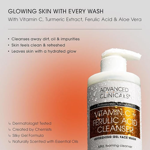 Advanced Clinicals Gentle Vitamin C Face Wash For Women & Men | Citrus Scented Gel Facial Cleanser Soap | Aloe Vera + Ferulic Acid Hydrating Foaming Wash For Cleansing Dirt & Oil, Large 11.75 Fl Oz