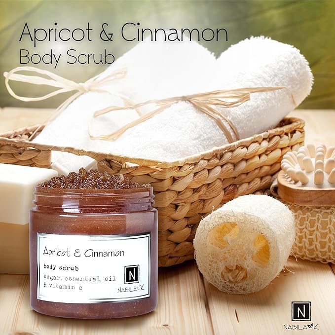 Apricot & Cinnamon Body Scrub Made in USA with Essential Oil and Vitamin C by Nabila K - Exfoliate and Moisturize for Smooth Skin - Luxury for Women & Men, 10 oz