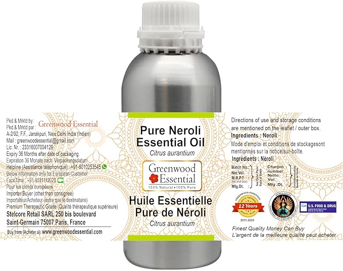 Greenwood Essential Pure Neroli Essential Oil (Citrus aurantium) Steam Distilled 630ml (21 oz)