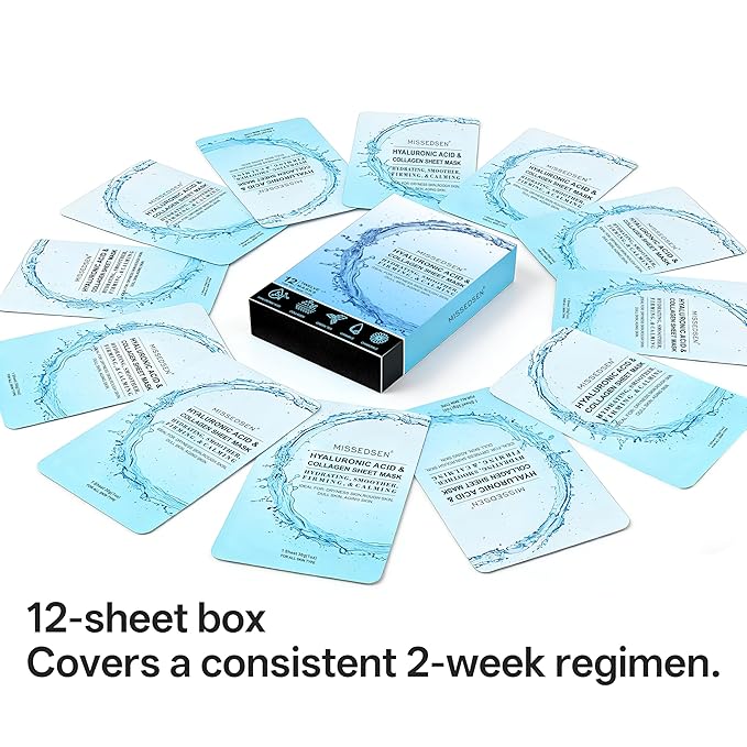 Collagen Face Mask with Hyaluronic Acid, Vitamin E Oil for Skin Care Hydrating, Moisturizing, Brightening & Anti Aging Face Masks Skincare for Oil, Dry, Acne, Sensitive All Skin Types 12PCS