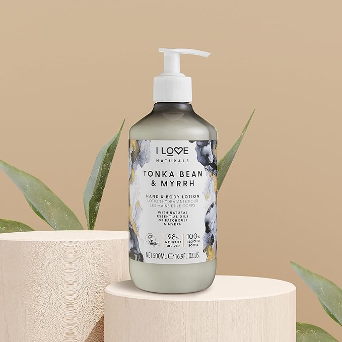 I LOVE Naturals Tonka Bean and Myrrh Hand and Body Lotion - Moisturizing Lotion for Dry Skin - Coconut Oil and Shea Butter Lotion - 16.9 oz
