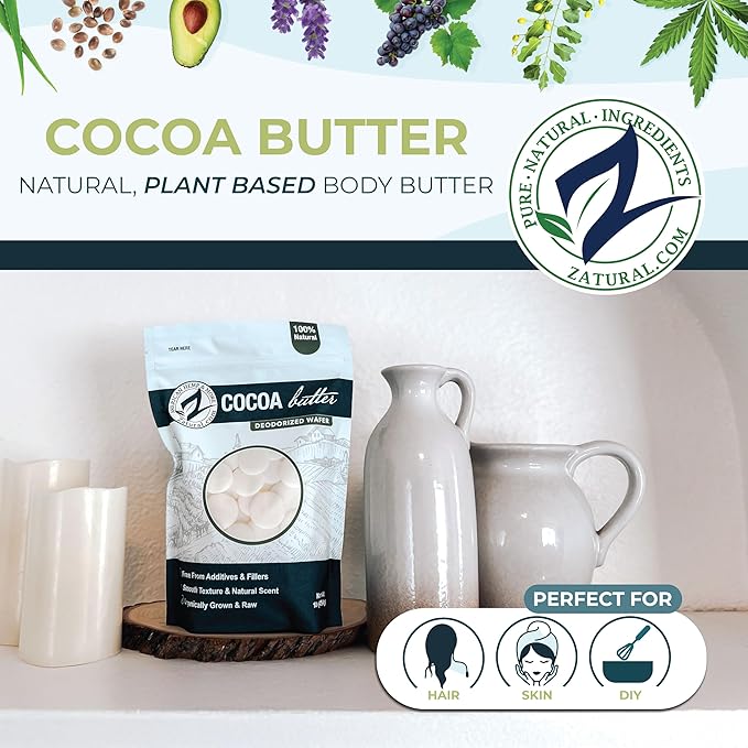 Zatural Raw Cocoa Butter Wafers Deodorized – 100% Pure Food-Grade Prime-Pressed Cocoa Butter, Neutral Scent, for DIY Lotion Lip Balm Soap Chocolate & Candles (16 oz Wafers)