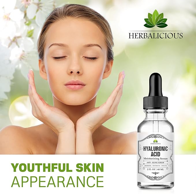 Herbalicious Hyaluronic Acid Serum – Hyaluronic Acid Serum for Face – Paraben-Free Pure Hyaluronic Acid – Moisture Boost Hydrating Serum – Anti-Aging Serum for Fine Lines, Wrinkles – 2oz