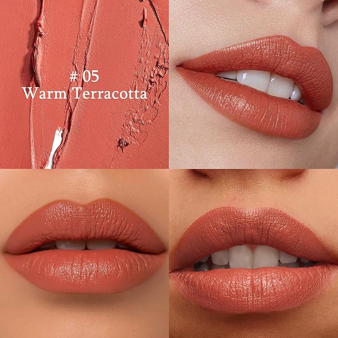 Warm Terracotta Cream Lipstick Lip Crayon, Hydrating Lipstick for Women, Smooth Natural Color Tinted Lip Balm & Lip Crayon Liner in One, Buildable Color with Soft Finish, 05