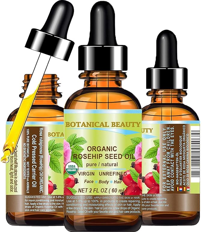 Botanical Beauty Organic ROSEHIP SEED OIL 100% Pure Natural Virgin Unrefined Cold-pressed Carrier Oil 2 Fl Oz 60 ml For Face, Skin, Body, Hair, Lip, Nails, Rich in vitamin C, Vitamin E, Anti-Aging
