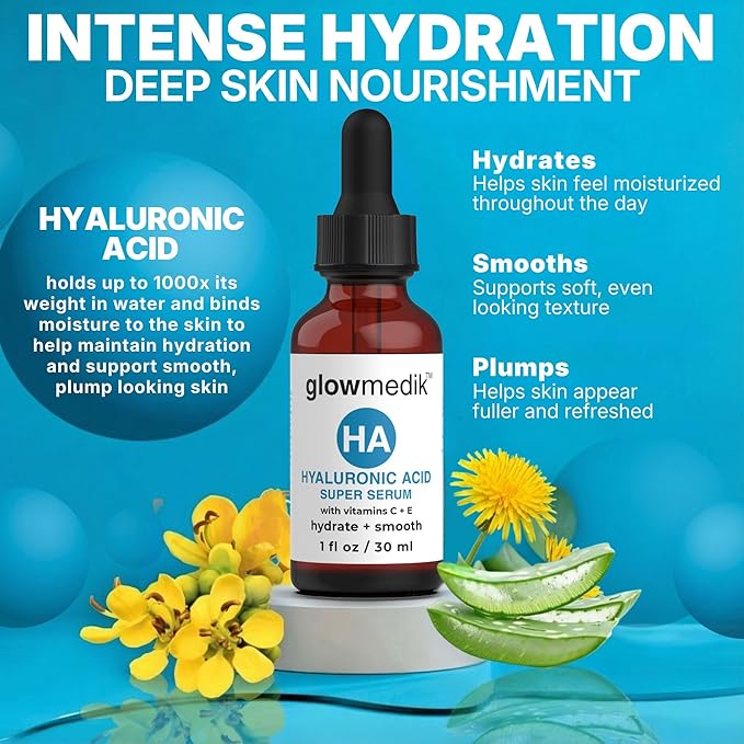 Glowmedik Hyaluronic Acid Serum for Face with Vitamin C & E - Advanced Hydrating Face Serum for Dry Skin, Fine Lines & Wrinkles - Vegan Facial Moisturizer for Women 1 fl oz 30ml