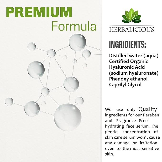 Herbalicious Hyaluronic Acid Serum – Hyaluronic Acid Serum for Face – Paraben-Free Pure Hyaluronic Acid – Moisture Boost Hydrating Serum – Anti-Aging Serum for Fine Lines, Wrinkles – 2oz