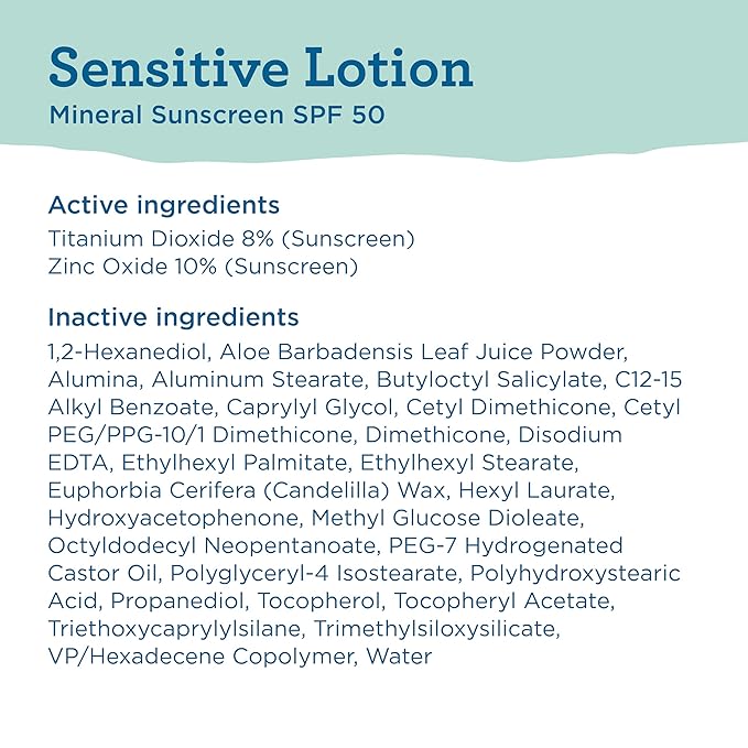 Blue Lizard Sensitive Mineral SPF 50 Sunscreen Lotion, 100% Mineral Sunscreen, UVA/UVB Protection, Infused with organic Aloe Vera, Soothes and Hydrates, 5 fl oz
