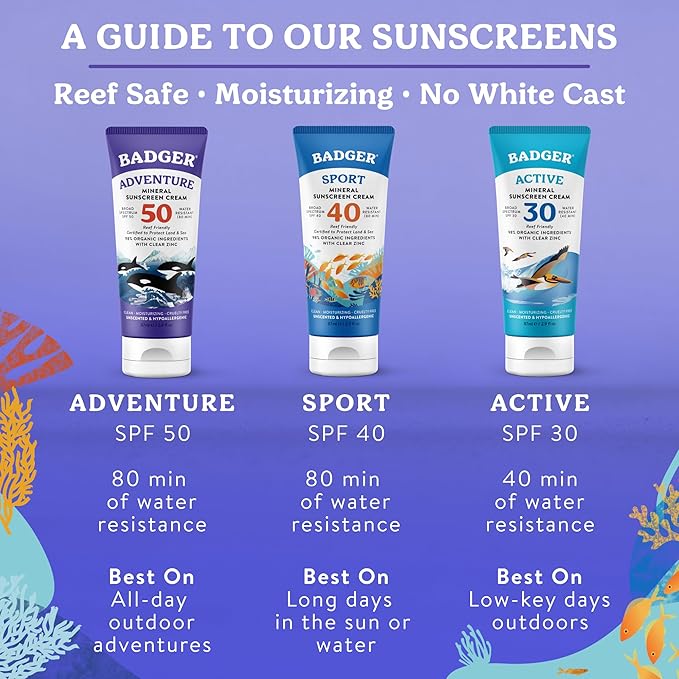 Badger Reef Safe Mineral Sunscreen, SPF 50, 98% Organic with Zinc Oxide, Non Toxic, Water Resistant, Unscented & Hypoallergenic, Broad - Spectrum, For Adventure & Sport, 2.9 fl oz