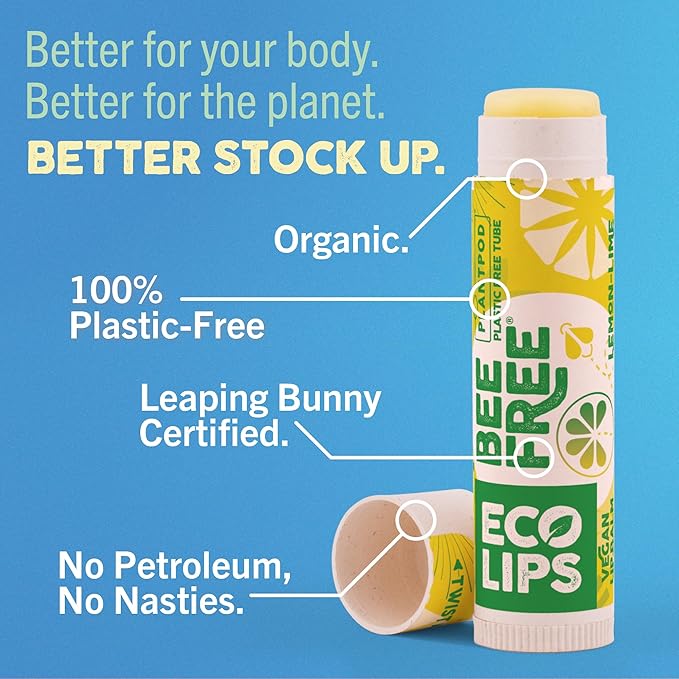 Eco Lips Bee Free Vegan Lip Balm 6-Pack – Unscented, 100% Natural & Plastic-Free Packaging | Moisturizes Dry, Chapped Lips | Cruelty-Free, Made in USA