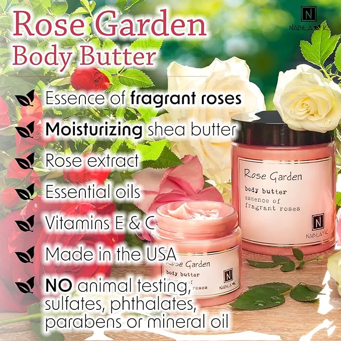 Nabila K Body Butter - Daily Moisturizer for Body Care - Skin Hydrating Deep Moisturizing - Natural Ingredients - Rose Garden - 9 oz