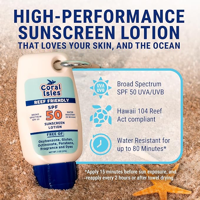 Coral Isles Reef Safe Sunscreen SPF 50 – Hawaii Compliant, Broad Spectrum UVA/UVB Protection, Water Resistant (80 Min), Non-Greasy, No White Cast, Sensitive Skin & Face, 2 Fl Oz (2-Pack)