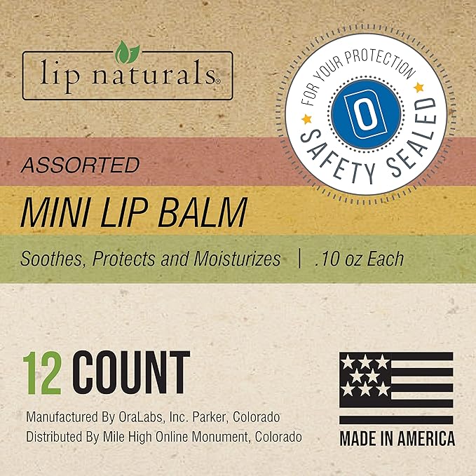 Lip Naturals® | Assorted Mini Lip Balm with Sunscreen (SPF-15) | Made in USA | 12-Count Pack with Bing Cherry, Tea Tree Mint, and Vanilla Bean Flavors (0.10oz/3g Each)